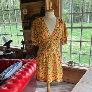 FARM Rio Cashew Mini Yellow Floral V-Neck Mini Dress with Pink & Green Accents